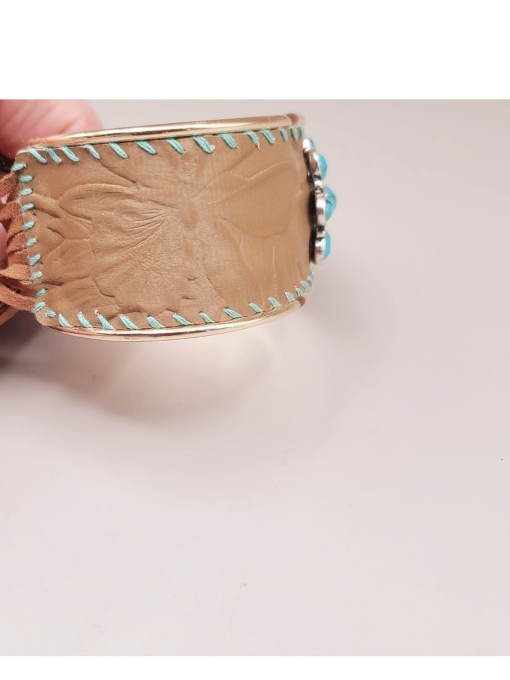 Turquoise Flower Concho Tan Fringe Cuff Bracelet - Picture 4 of 6
